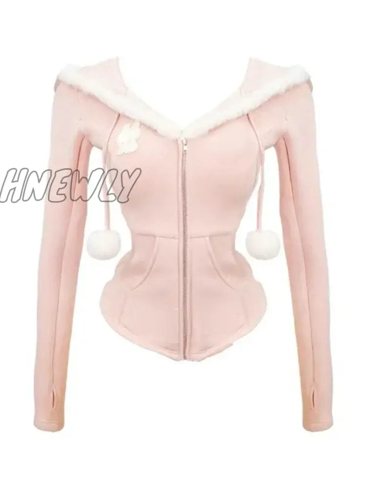 Hnewly Japanese Style Kawaii 3 Piece Set Hooded Cute Pink Coat + Casual Vest Y2K Mini Skirt Sweet