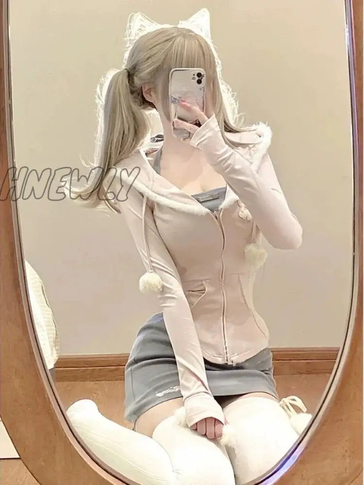 Hnewly Japanese Style Kawaii 3 Piece Set Hooded Cute Pink Coat + Casual Vest Y2K Mini Skirt Sweet