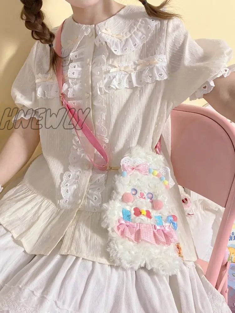Hnewly Japanese Sweet Lolita Blouse Girly Lace Peter Pan Collar Short Sleeve Shirt Top Women Black