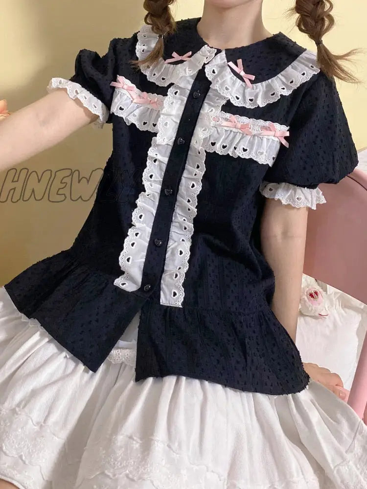 Hnewly Japanese Sweet Lolita Blouse Girly Lace Peter Pan Collar Short Sleeve Shirt Top Women Black