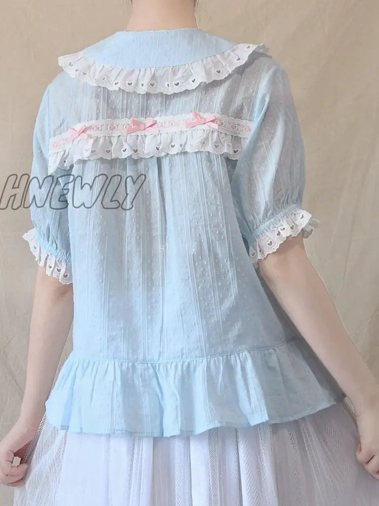 Hnewly Japanese Sweet Lolita Blouse Girly Lace Peter Pan Collar Short Sleeve Shirt Top Women Black