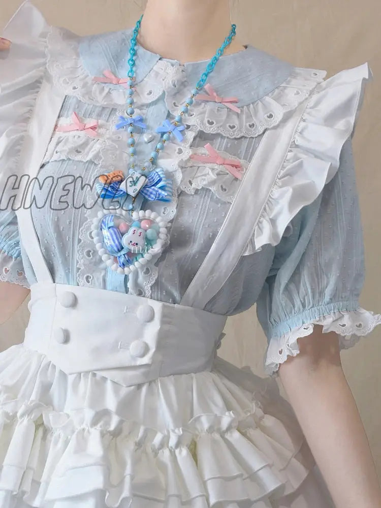 Hnewly Japanese Sweet Lolita Blouse Girly Lace Peter Pan Collar Short Sleeve Shirt Top Women Black