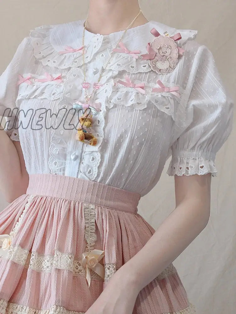 Hnewly Japanese Sweet Lolita Blouse Girly Lace Peter Pan Collar Short Sleeve Shirt Top Women Black