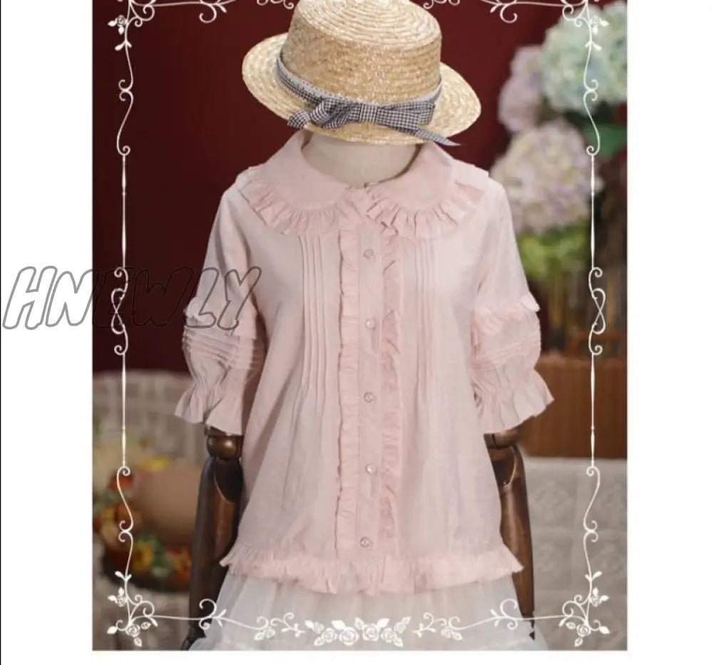 Hnewly Japanese Sweet Lolita Blouse Girly Lace Peter Pan Collar Short Sleeve Shirt Top Women Black