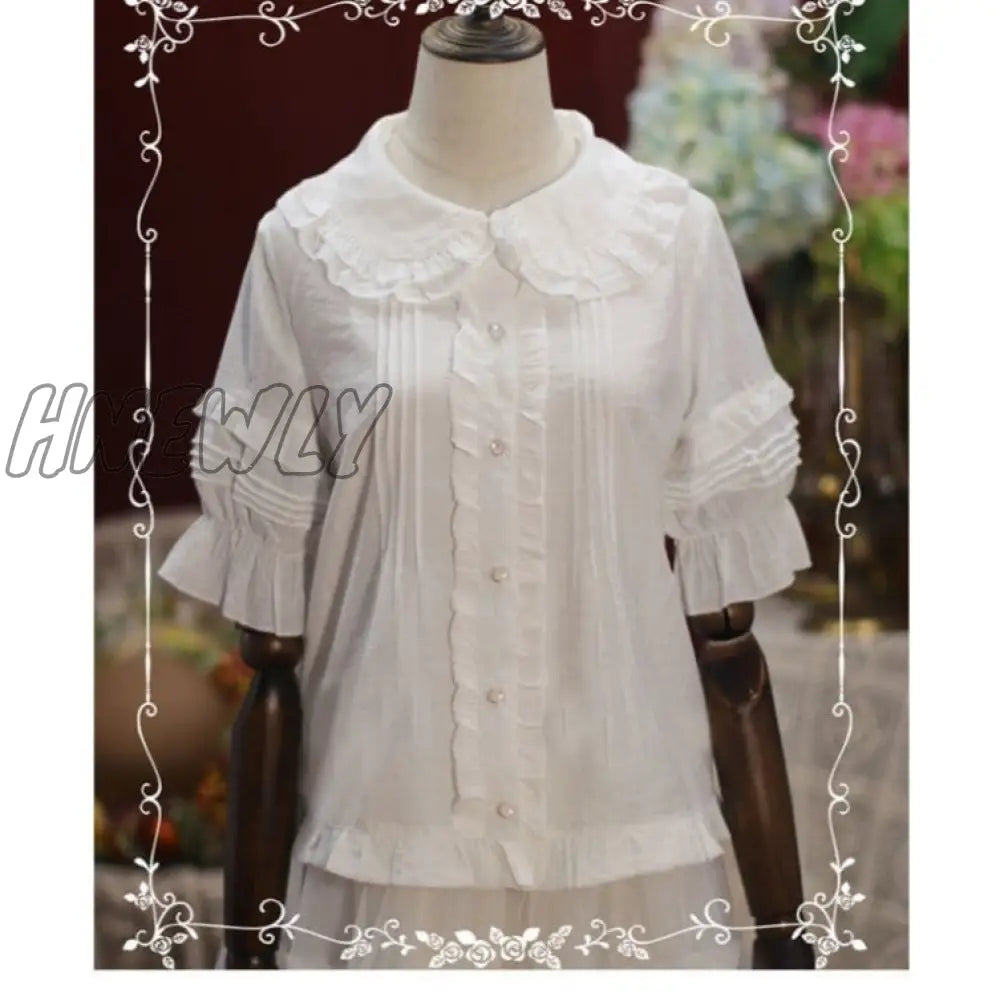 Hnewly Japanese Sweet Lolita Blouse Girly Lace Peter Pan Collar Short Sleeve Shirt Top Women Black