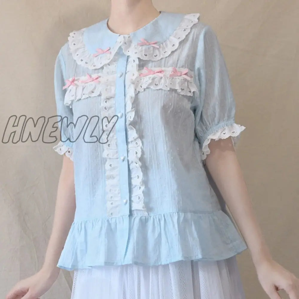 Hnewly Japanese Sweet Lolita Blouse Girly Lace Peter Pan Collar Short Sleeve Shirt Top Women Black