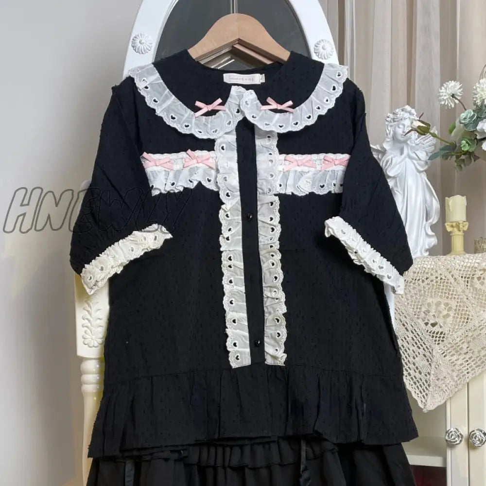 Hnewly Japanese Sweet Lolita Blouse Girly Lace Peter Pan Collar Short Sleeve Shirt Top Women Black