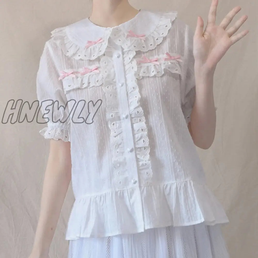 Hnewly Japanese Sweet Lolita Blouse Girly Lace Peter Pan Collar Short Sleeve Shirt Top Women Black