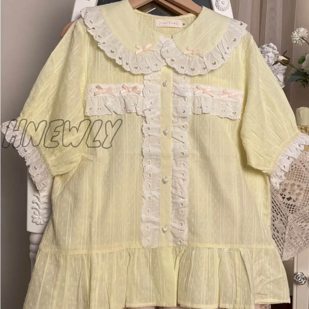 Hnewly Japanese Sweet Lolita Blouse Girly Lace Peter Pan Collar Short Sleeve Shirt Top Women Black