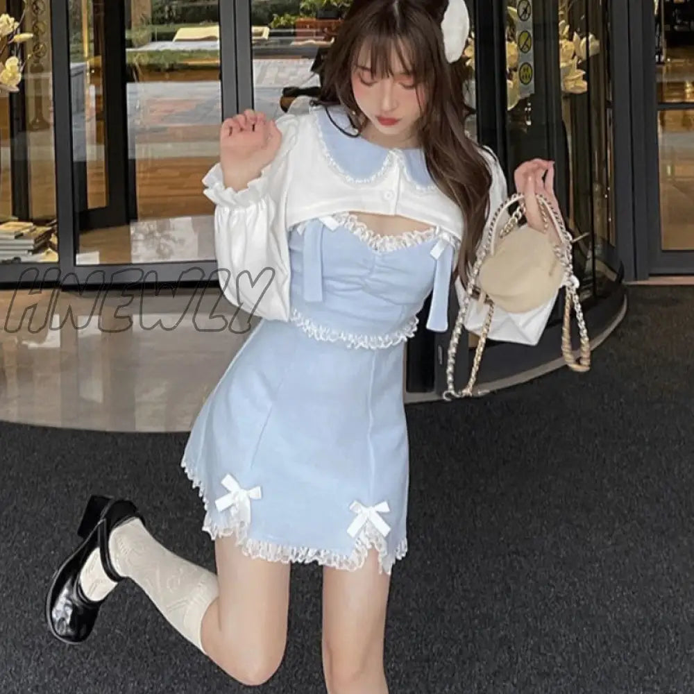 Hnewly Japanese Sweet Lolita Dress Lace Women Bow Pink Kawaii Party Mini Dresses Female Blue