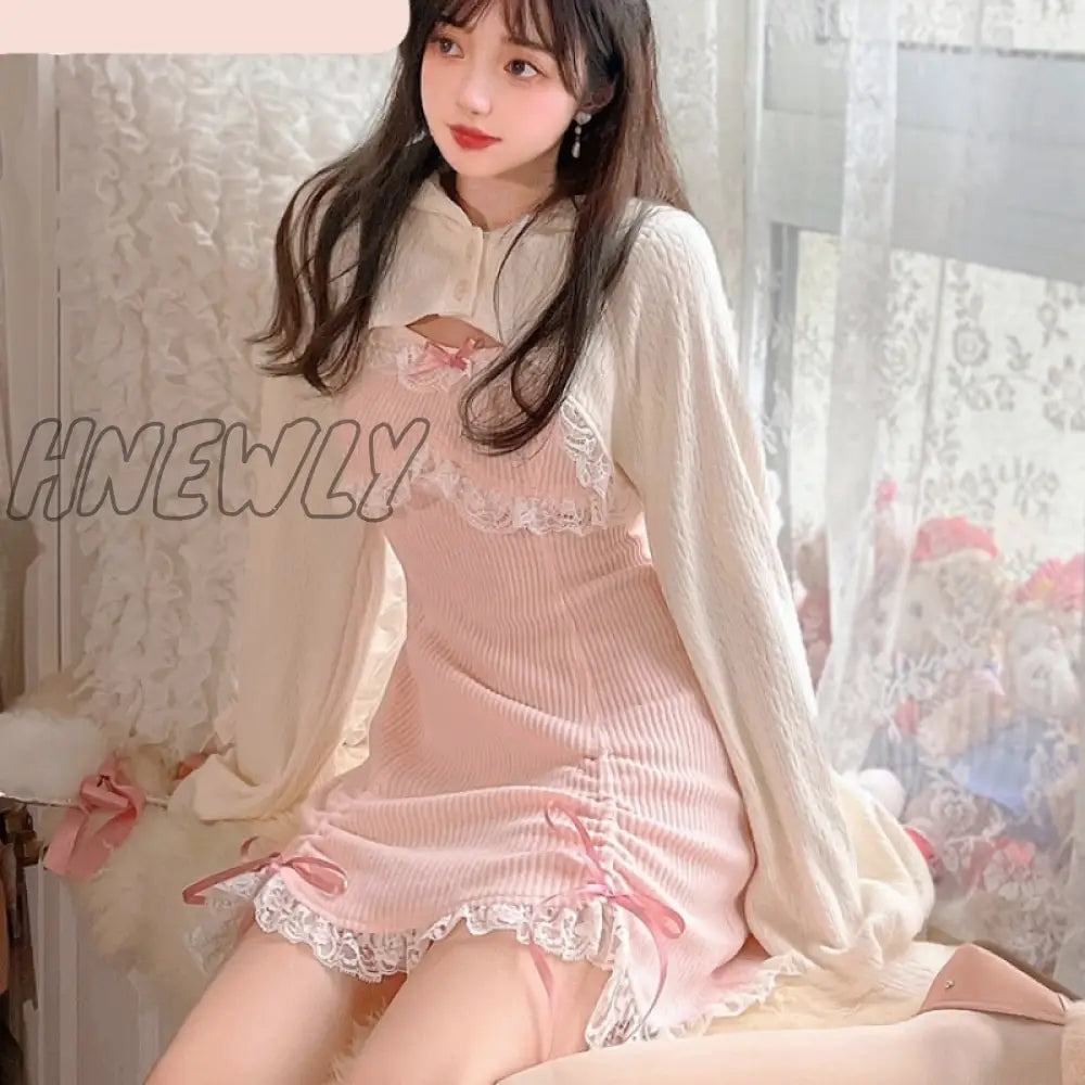 Hnewly Japanese Sweet Lolita Dress Lace Women Bow Pink Kawaii Party Mini Dresses Female Blue