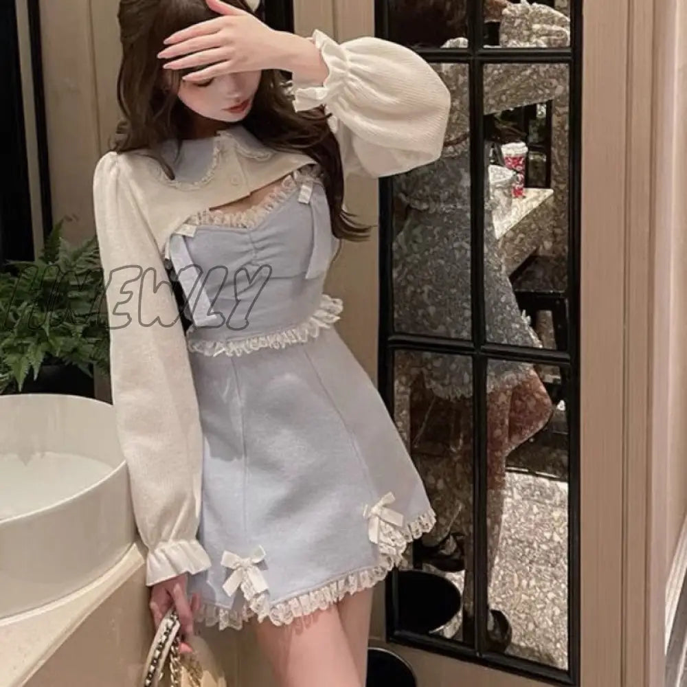 Hnewly Japanese Sweet Lolita Dress Lace Women Bow Pink Kawaii Party Mini Dresses Female Blue