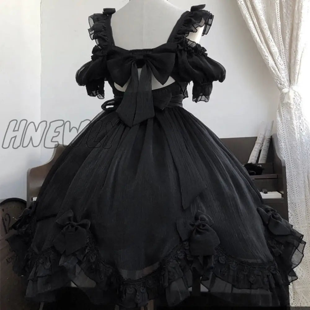 Hnewly Japanese Victorian Gothic Lolita Dress Women Black White Elegant Backless Fairy Dresses