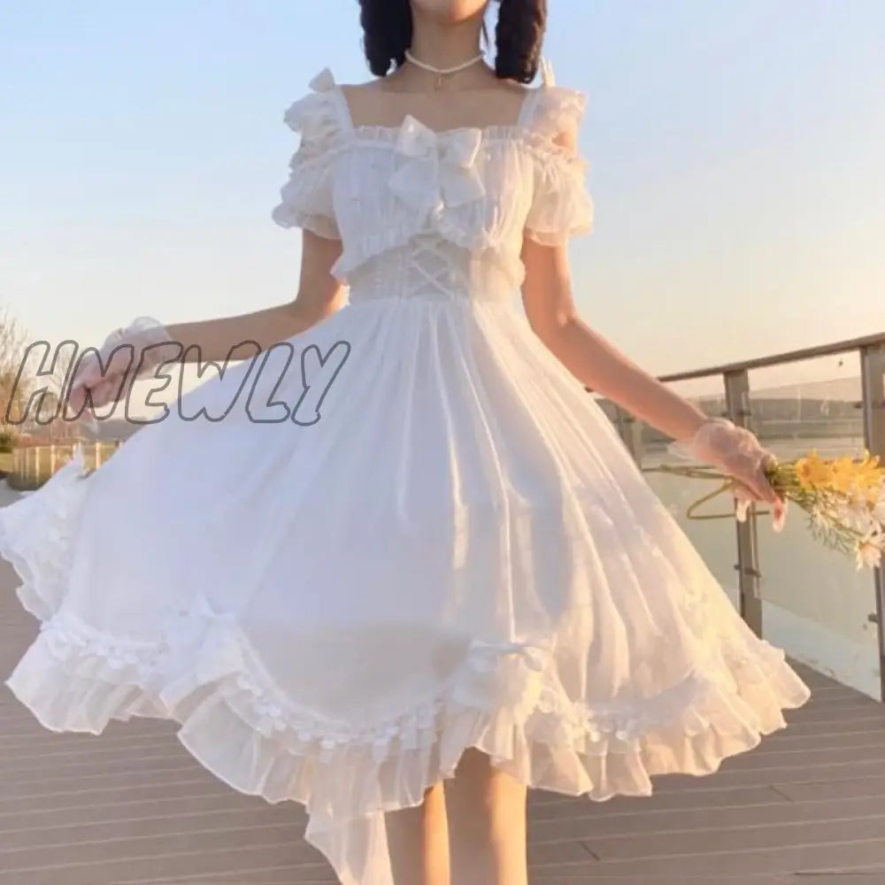Hnewly Japanese Victorian Vintage Lolita Dress Women Cute Bow Sexy Backless Evening Party Dresses