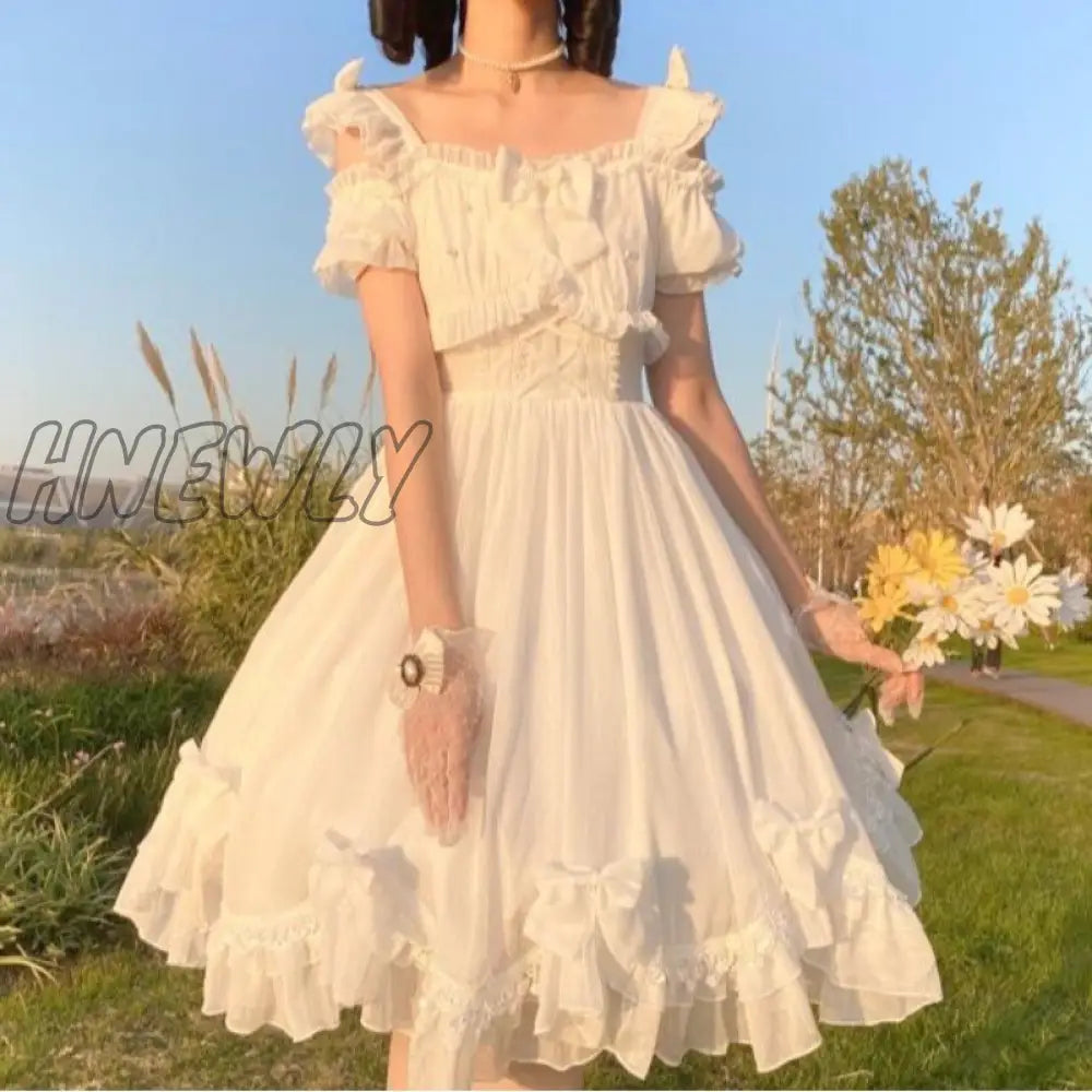 Hnewly Japanese Victorian Vintage Lolita Dress Women Cute Bow Sexy Backless Evening Party Dresses