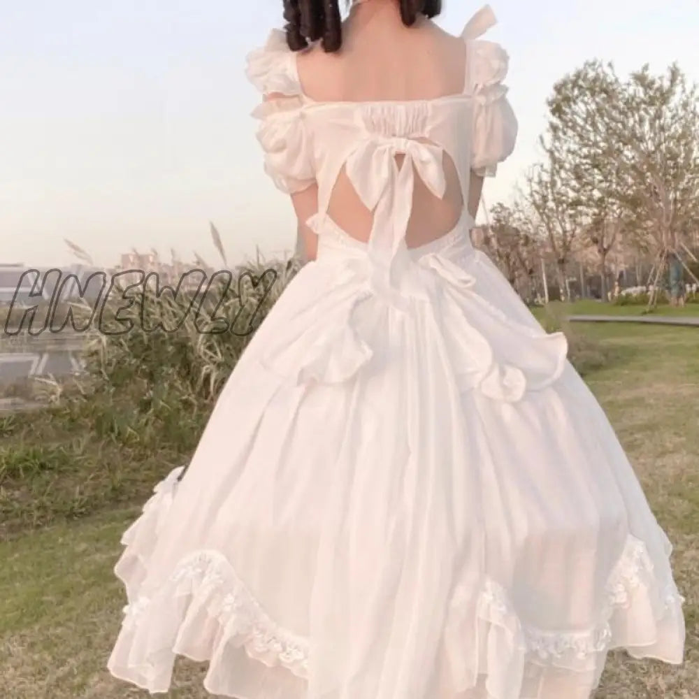 Hnewly Japanese Victorian Vintage Lolita Dress Women Cute Bow Sexy Backless Evening Party Dresses