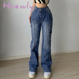 Hnewly Jeans for women high-waisted straight casual pants irregular pocket  cargo pants mopping women's retro denim wide-leg trousers