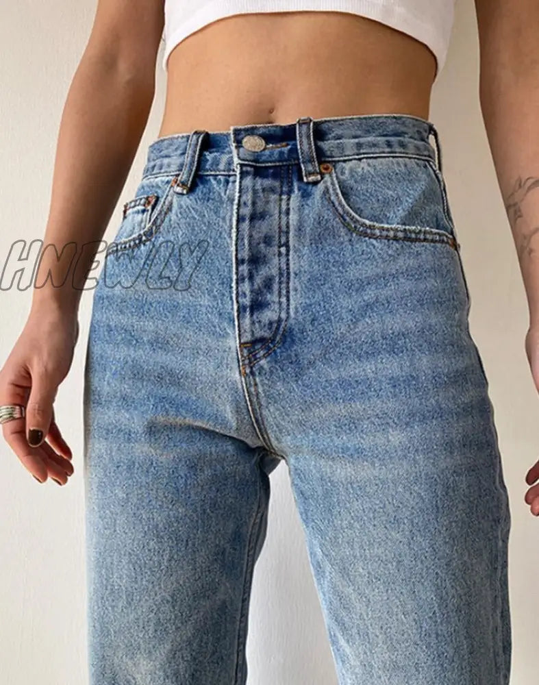 Hnewly Jeans Straight Pants Washed Loose High Waist Plus Size Women Casual Boyfriends Cowboy