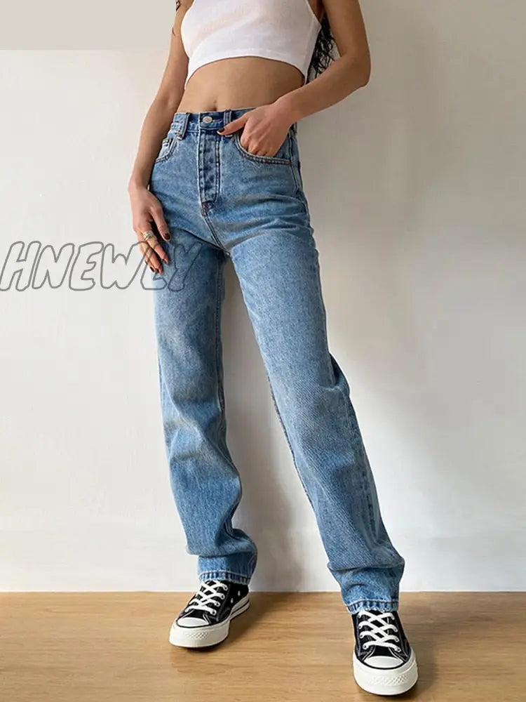 Hnewly Jeans Straight Pants Washed Loose High Waist Plus Size Women Casual Boyfriends Cowboy