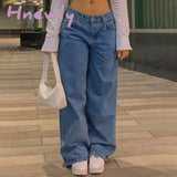 Hnewly Jeans women low-rise fashion retro straight pants loose street style denim pants with simple wide leg women baggy mop pants