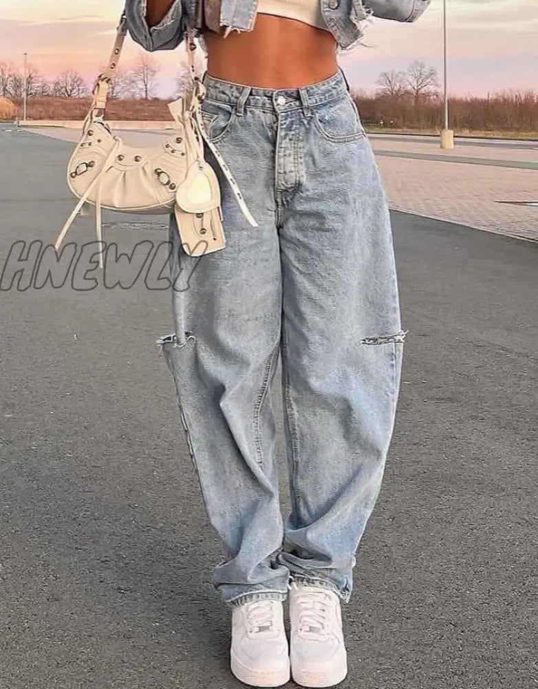 Hnewly Jeans Women’s Summer Y2K Baggy Straight Hole Denim Trousers High Waist Ripped Pants
