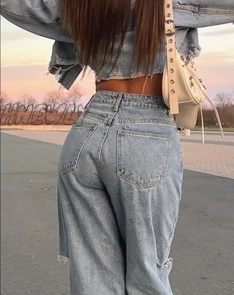 Hnewly Jeans Women’s Summer Y2K Baggy Straight Hole Denim Trousers High Waist Ripped Pants