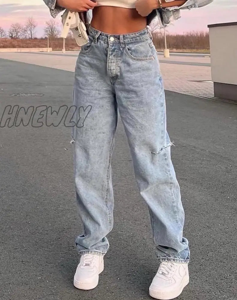 Hnewly Jeans Women’s Summer Y2K Baggy Straight Hole Denim Trousers High Waist Ripped Pants