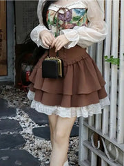Hnewly Kawaii Lolita Skirt Women Autumn Winter Vintage High Waist A-Line Lace Patchwork Bow