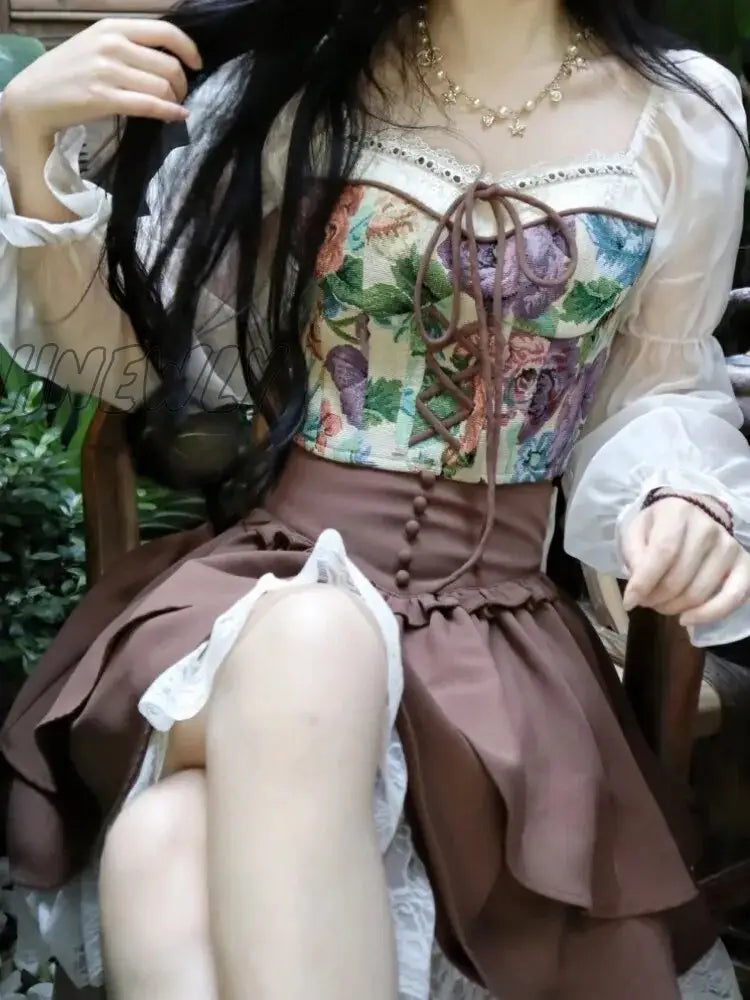 Hnewly Kawaii Lolita Skirt Women Autumn Winter Vintage High Waist A-Line Lace Patchwork Bow