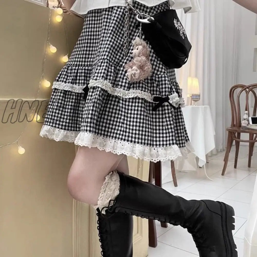 Hnewly Kawaii Plaid Skirt Women Ruffle Lace Patchwork Bow High Waist Lolita Harajuku Egirl