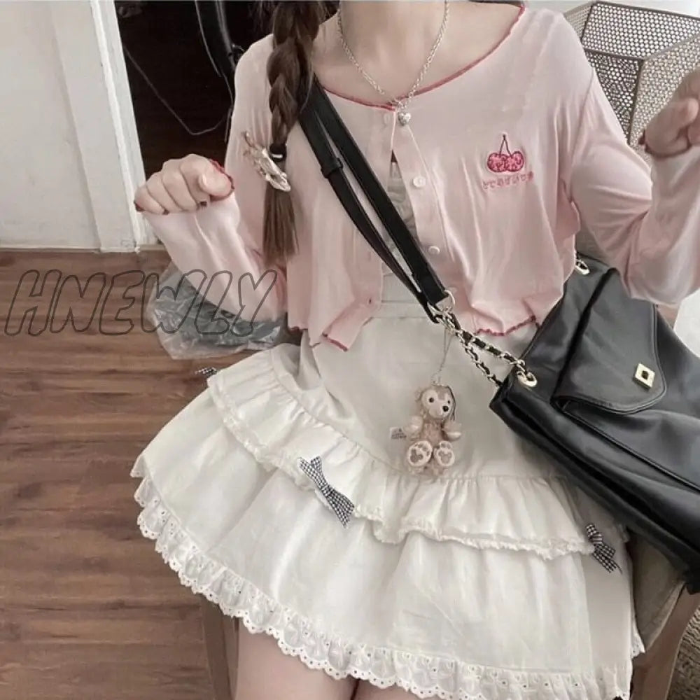 Hnewly Kawaii Plaid Skirt Women Ruffle Lace Patchwork Bow High Waist Lolita Harajuku Egirl