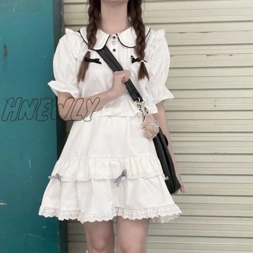 Hnewly Kawaii Plaid Skirt Women Ruffle Lace Patchwork Bow High Waist Lolita Harajuku Egirl
