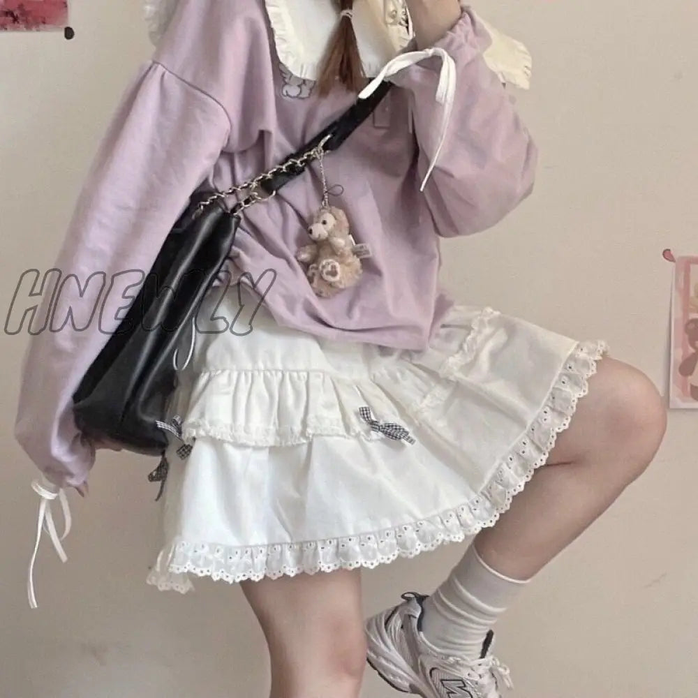 Hnewly Kawaii Plaid Skirt Women Ruffle Lace Patchwork Bow High Waist Lolita Harajuku Egirl