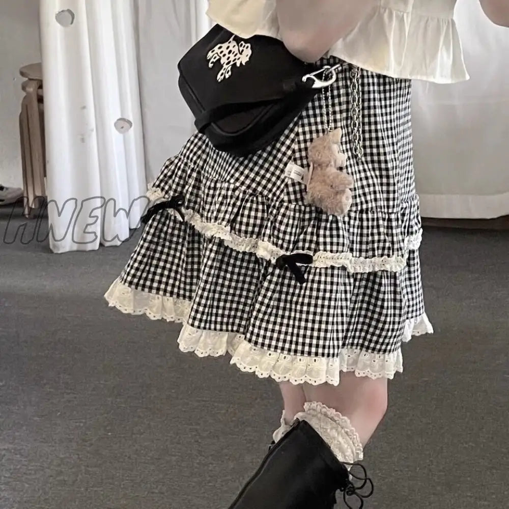 Hnewly Kawaii Plaid Skirt Women Ruffle Lace Patchwork Bow High Waist Lolita Harajuku Egirl
