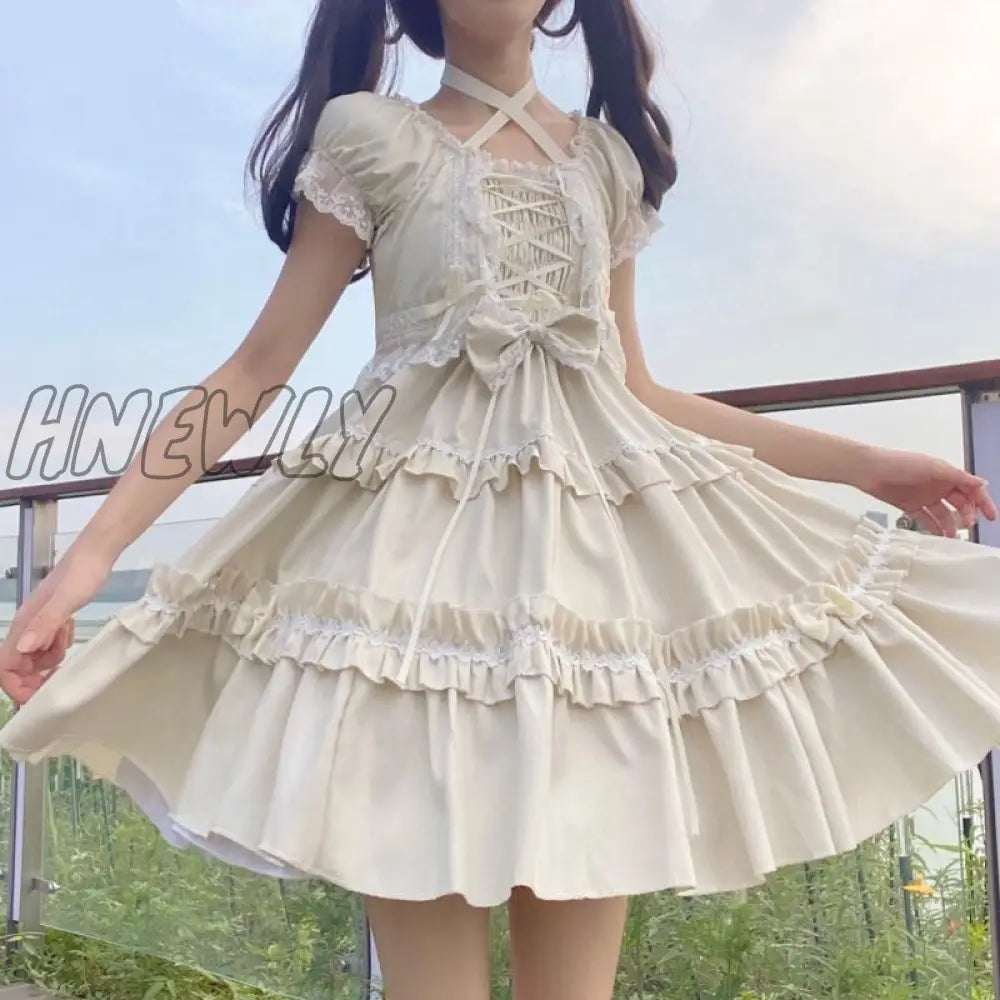 Hnewly Kawaii Puff Short Sleeve Lolita Style Dress Women Sweet Bow Lace Ruffle Bandage Mini Dresses