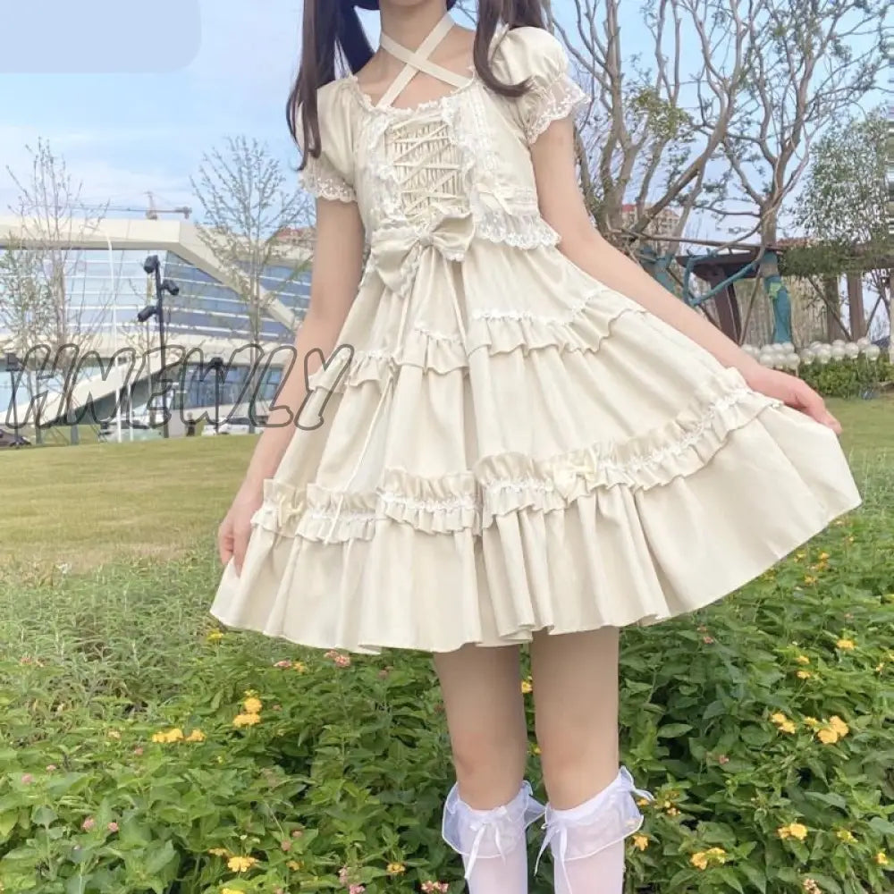 Hnewly Kawaii Puff Short Sleeve Lolita Style Dress Women Sweet Bow Lace Ruffle Bandage Mini Dresses