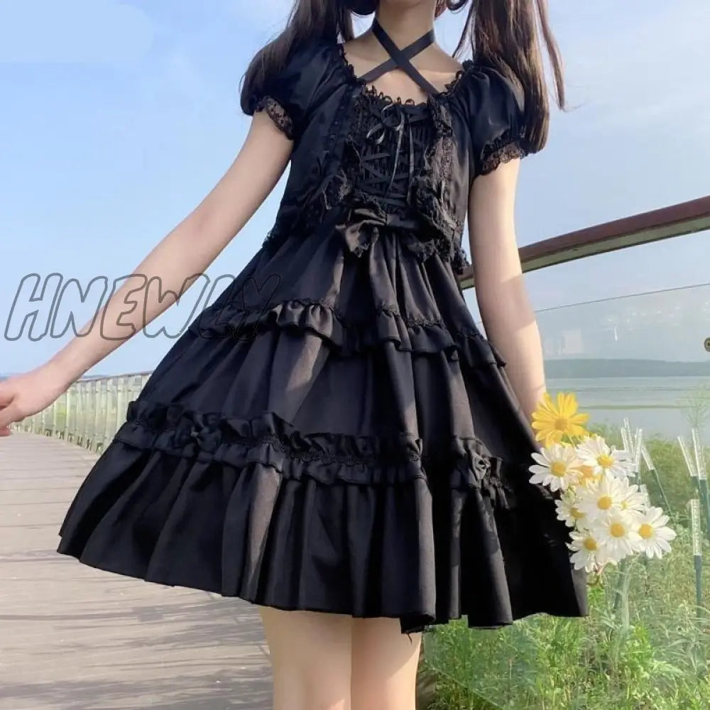Hnewly Kawaii Puff Short Sleeve Lolita Style Dress Women Sweet Bow Lace Ruffle Bandage Mini Dresses