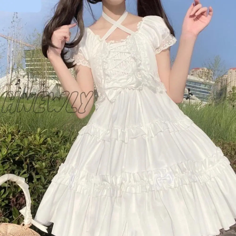 Hnewly Kawaii Puff Short Sleeve Lolita Style Dress Women Sweet Bow Lace Ruffle Bandage Mini Dresses