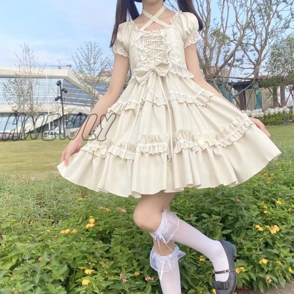 Hnewly Kawaii Puff Short Sleeve Lolita Style Dress Women Sweet Bow Lace Ruffle Bandage Mini Dresses