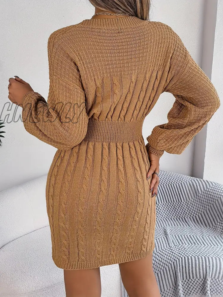 Hnewly Keyhole Cable Knit Sweater Dress Casual Long Sleeve Bodycon Women’s Clothing