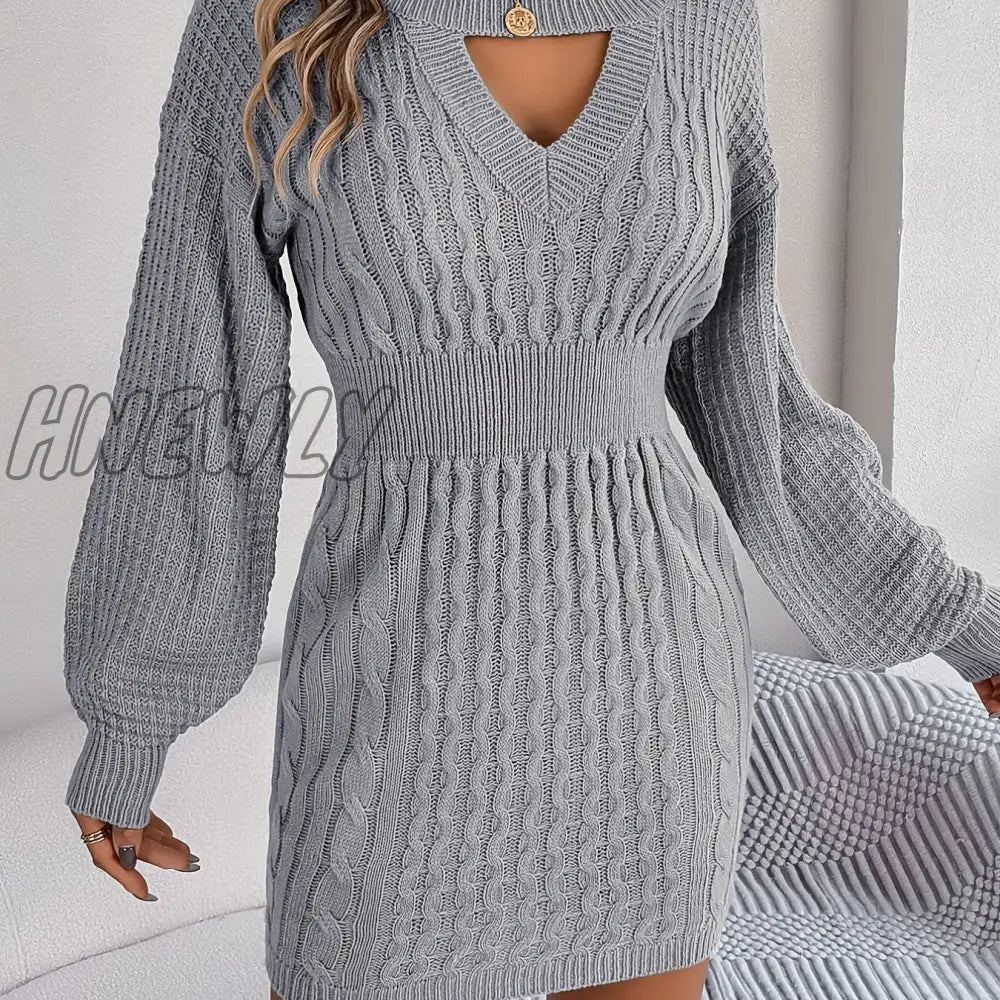 Hnewly Keyhole Cable Knit Sweater Dress Casual Long Sleeve Bodycon Women’s Clothing Grey / S(4)