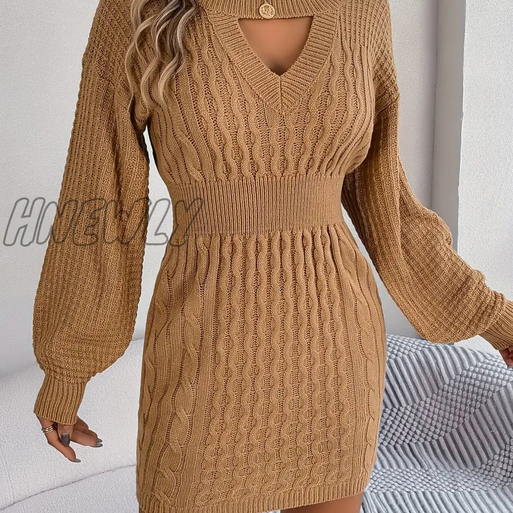 Hnewly Keyhole Cable Knit Sweater Dress Casual Long Sleeve Bodycon Women’s Clothing Khaki / S(4)