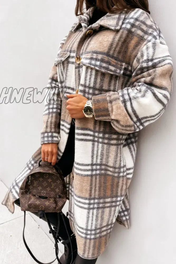 Hnewly - Khaki Casual Plaid Print Patchwork Buckle Turndown Collar Outerwear Coats Coats & Cardigan