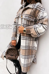 Hnewly - Khaki Casual Plaid Print Patchwork Buckle Turndown Collar Outerwear Coats Coats & Cardigan