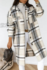 Hnewly - Khaki Casual Plaid Print Patchwork Buckle Turndown Collar Outerwear Coats Coats & Cardigan