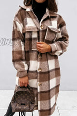 Hnewly - Khaki Casual Plaid Print Patchwork Buckle Turndown Collar Outerwear Coats Coats & Cardigan