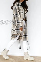 Hnewly - Khaki Casual Plaid Print Patchwork Buckle Turndown Collar Outerwear Coats Coats & Cardigan