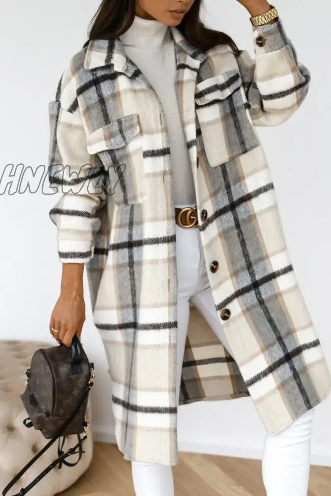 Hnewly - Khaki Casual Plaid Print Patchwork Buckle Turndown Collar Outerwear Gray White / S Coats