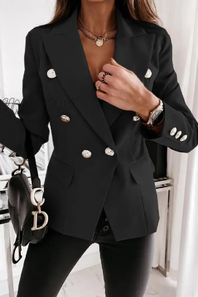 Hnewly - Khaki Casual Solid Patchwork Cardigan Turn-Back Collar Outerwear Black / S Coats Suits