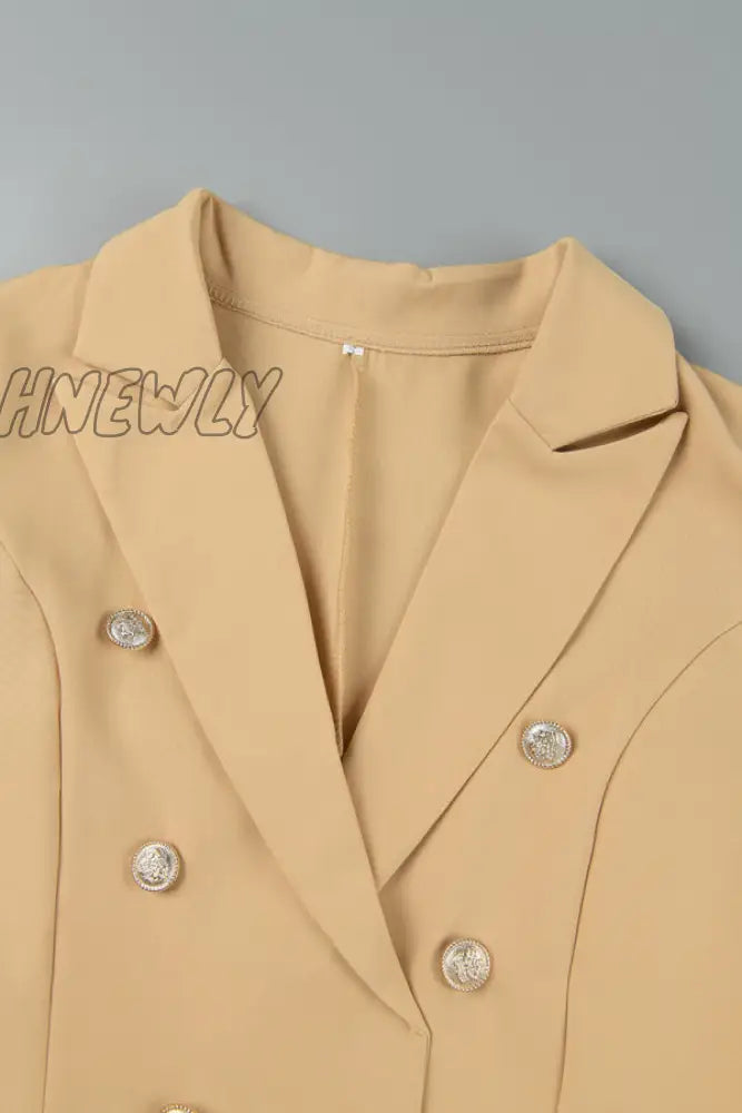 Hnewly - Khaki Casual Solid Patchwork Cardigan Turn-Back Collar Outerwear Coats Suits